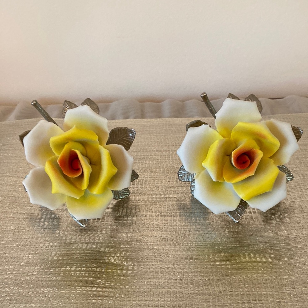 Vintage Capodimonte Style Porcelain Yellow Rose on Silver Tone Metal Petals